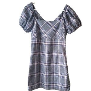 Altar'd State Plaid Mini Dress Puff Sleeves Black/Pink/Blue Size M